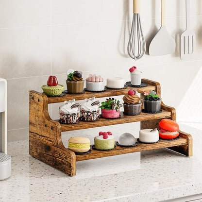 KLM 3-Tier Spice Rack - 13.8 Inch Wood Step Shelf for Kitchen Pantry & Bathroom Organization