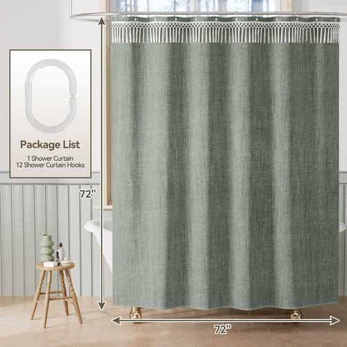 AmazerBath Green Shower Curtains for Bathroom, Boho Farmhouse Shower Curtain with Top Tassels, Sage Green Shower Curtain with 12 Hooks, Faux Linen Fabric Hotel Quality, 72x72 Inches