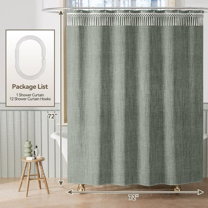 AmazerBath Green Shower Curtains for Bathroom, Boho Farmhouse Shower Curtain with Top Tassels, Sage Green Shower Curtain with 12 Hooks, Faux Linen Fabric Hotel Quality, 72x72 Inches