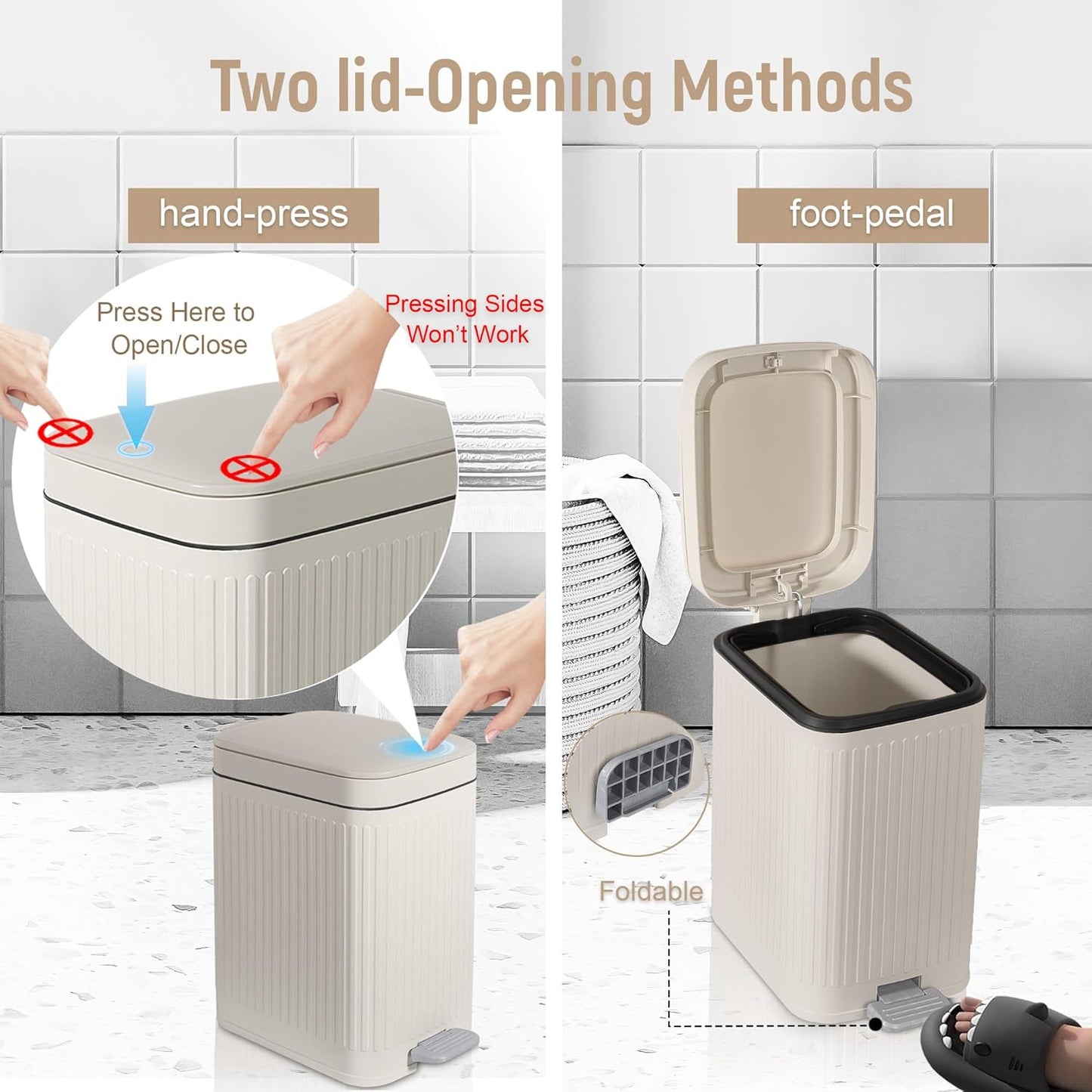 Rejomiik Small Bathroom Trash Can - Slim Soft Close Lid Wastebasket | 1.9 Gallon Cream for Office & Home