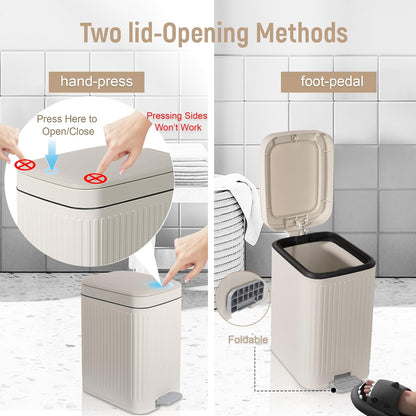 Rejomiik Small Bathroom Trash Can - Slim Soft Close Lid Wastebasket | 1.9 Gallon Cream for Office & Home