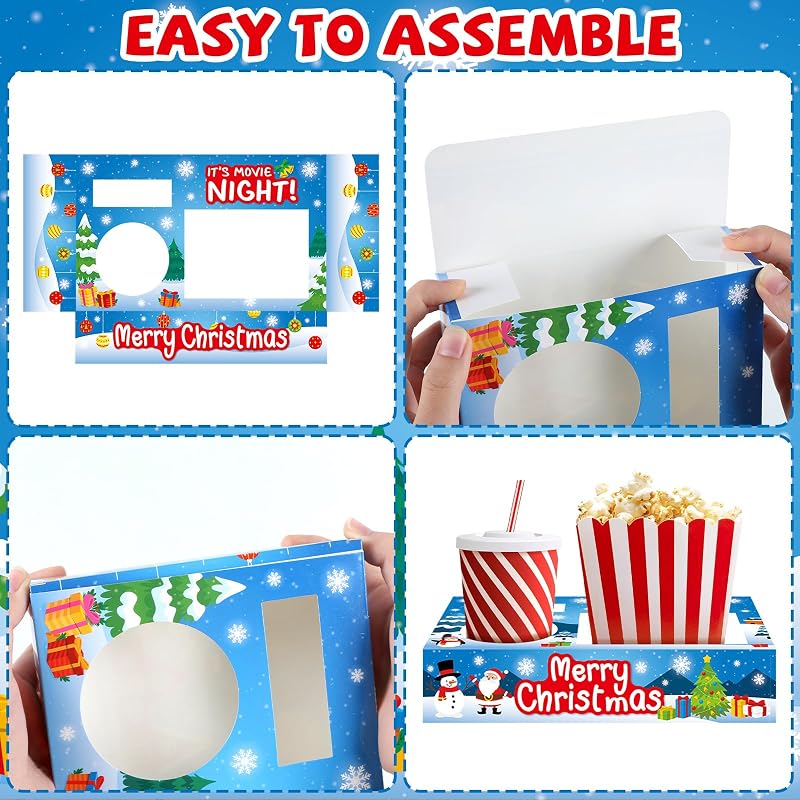 Christmas Movie Night Snack Tray Set – 32pc Paper Popcorn & Drink Holders for Party, Snowman & Santa Snow-themed
