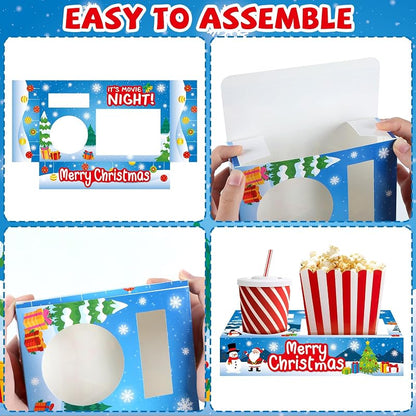 Christmas Movie Night Snack Tray Set – 32pc Paper Popcorn & Drink Holders for Party, Snowman & Santa Snow-themed