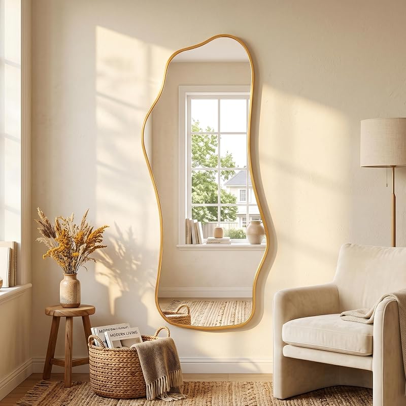 Irregular Full Length Floor Mirror 62.2" x 22.8" with Gold Frame – Wavy Modern Design, 1:1 Reflection