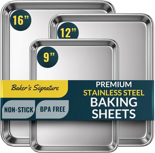 Baker's Signature Stainless Steel Baking Sheet Set - Includes 125 Unbleached Parchment Paper Sheets | 9x13 Inch Non-Stick, Curl-Free Design