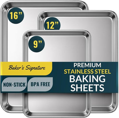Baker's Signature Stainless Steel Baking Sheet Set - Includes 125 Unbleached Parchment Paper Sheets | 9x13 Inch Non-Stick, Curl-Free Design
