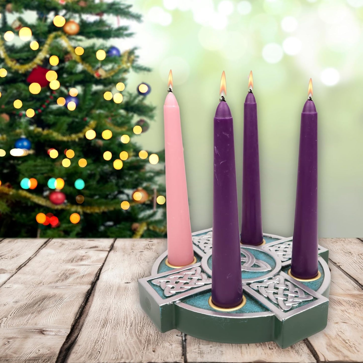 Needzo Advent Wreath - Catholic Christmas Candle Holder | Religious Centerpiece, 6.75" x 6.75", Green Celtic