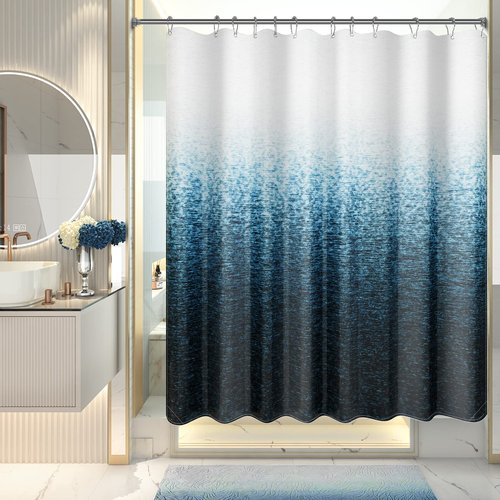AmazerBath Shower Curtain Blue, Washable Cloth Ombre Shower Curtain Sets with 12 Metal Shower Curtain Hooks, Rustic Waterproof Dark Sea Blue Farmhouse Shower Curtains for Bathroom Decor, 72x72 Inches