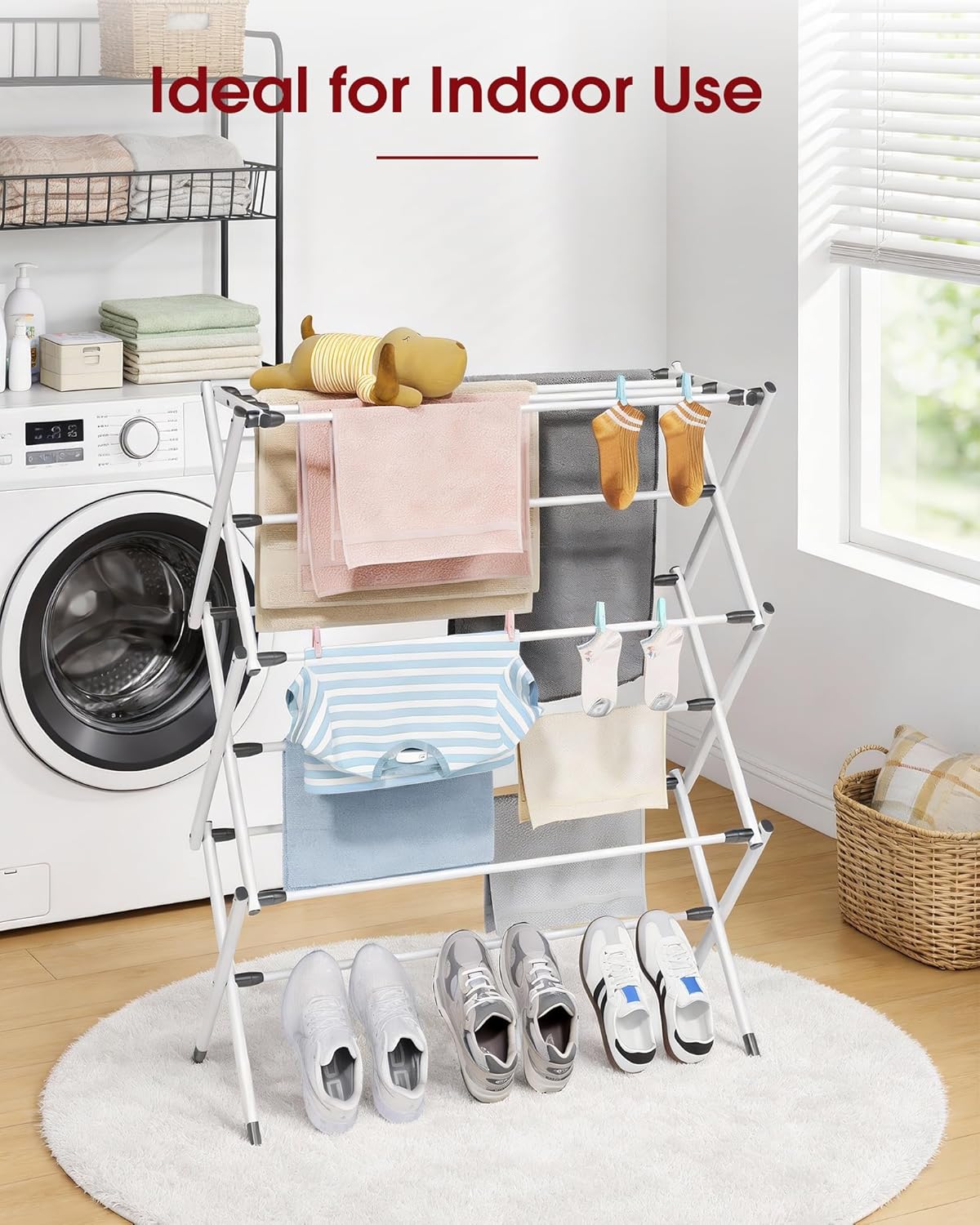Sakugi Foldable Clothes Drying Rack - Space-Saving 3-Tier Metal Laundry Rack for Indoor & Outdoor Use | 11.4"D x 29.1"W x 37.4"H, White and Black