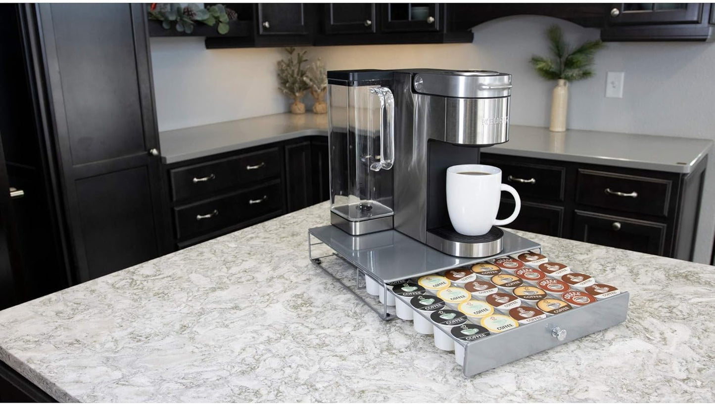 Nifty Coffee Pod Drawer - Compact Silver Storage for 36 K-Cups | Non-Rolling Under Coffee Pot Organizer