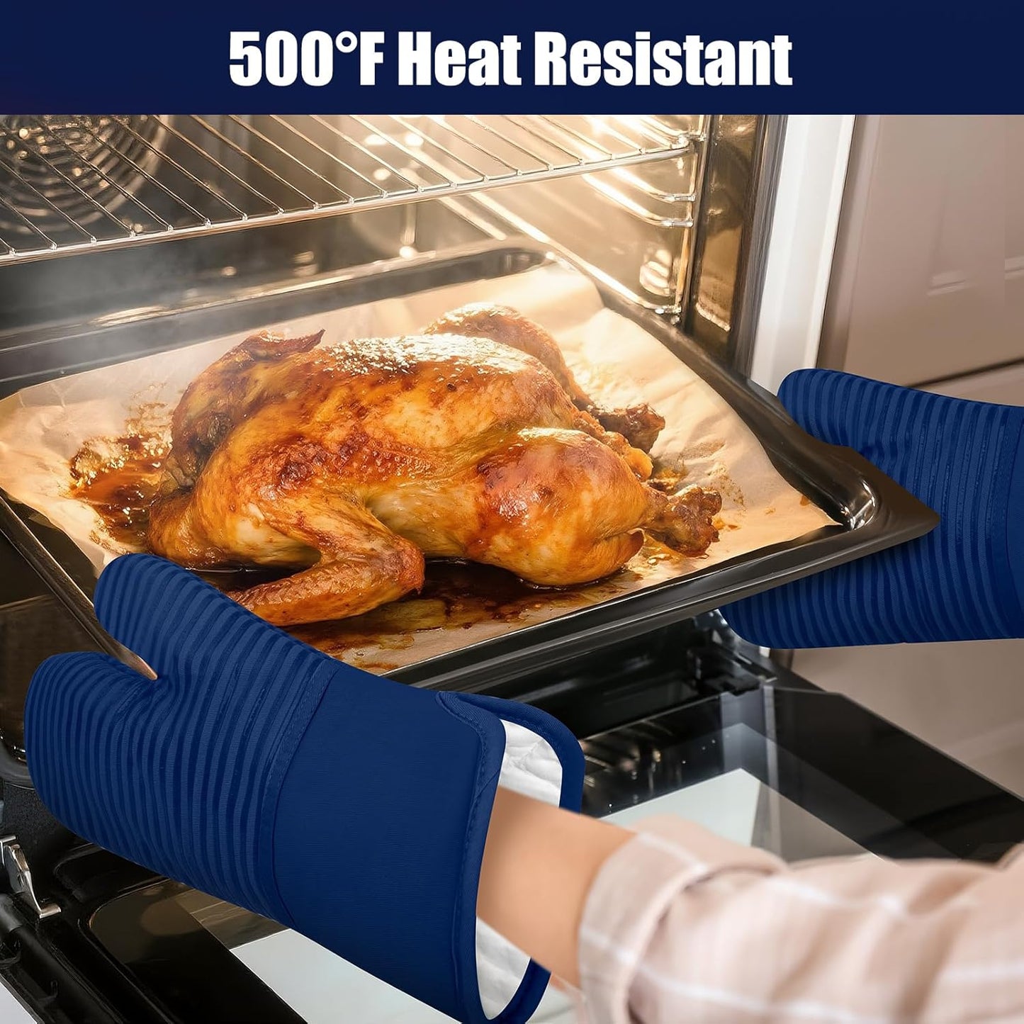 Skiennix Oven Mitts and Pot Holder Set - 500°F Heat Resistant Silicone Grip | 6 Pack Cotton Dish Towels - Marine Blue Kitchen Essentials