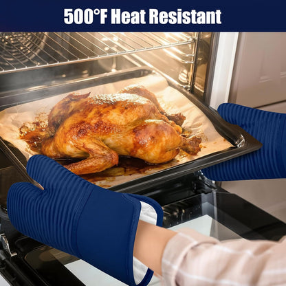 Skiennix Oven Mitts and Pot Holder Set - 500°F Heat Resistant Silicone Grip | 6 Pack Cotton Dish Towels - Marine Blue Kitchen Essentials