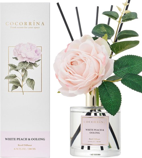Cocorrína Flower Reed Diffuser - White Peach & Oolong 6.7oz Scented Home Fragrance with Sticks | Elegant Decor