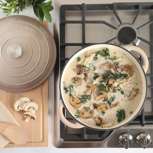 Gibson Home Addlestone 7 Qt Enameled Cast Iron Dutch Oven - Round, Oven Safe to 500°F for Bread Baking & Stews | Gradient Taupe