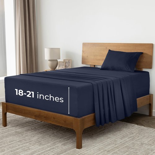 Mellanni Extra Deep Twin XL Sheets - 3 PC Iconic Collection Bedding - Hotel Luxury, Ultra Soft, Cooling Bed Sheets - Wrinkle, Fade, Stain Resistant (Twin Extra Long, Navy Blue)