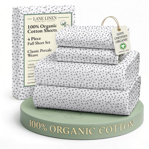 LANE LINEN 100% Organic Cotton Printed Full Size Sheet & Pillowcase Sets, 15" Deep Pocket Fully Elasticized Soft & Comfy Percale Bedding, Eco Friendly Cotton Sheets Full- Haze Grey