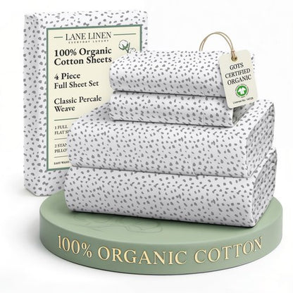 LANE LINEN 100% Organic Cotton Printed Full Size Sheet & Pillowcase Sets, 15" Deep Pocket Fully Elasticized Soft & Comfy Percale Bedding, Eco Friendly Cotton Sheets Full- Haze Grey