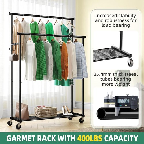 Ekisemio Heavy-Duty Double Rods Clothes Rack - 400 LBS Capacity, 45 Inch Rolling Design, Black