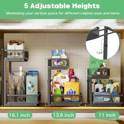 Under Sink Organizer - Adjustable 2-Tier Metal Storage Solution | Pull-Out Drawer for Kitchen & Bathroom (Black)