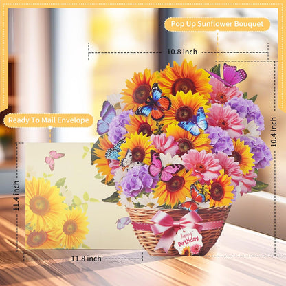 MZD8391 Birthday Cards - Musical Pop-Up Card with Lights | Sunflower & Butterfly Design, 10-Inch Size
