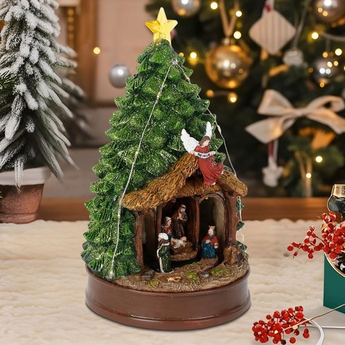 Innodept12 Christmas Tree Rotating Nativity Scene Figurines - Animated Holiday Decoration with Music & Collectible Tabletop Design, 9.84" Tall