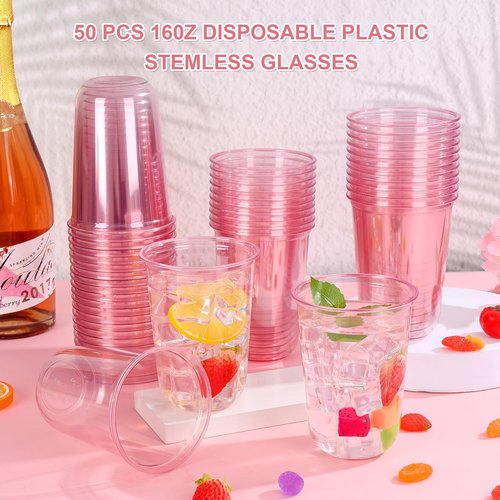 KesaPlan 50 Pcs Pink Plastic Cups - 16oz Disposable Stemless Wine Glasses for Parties & Events