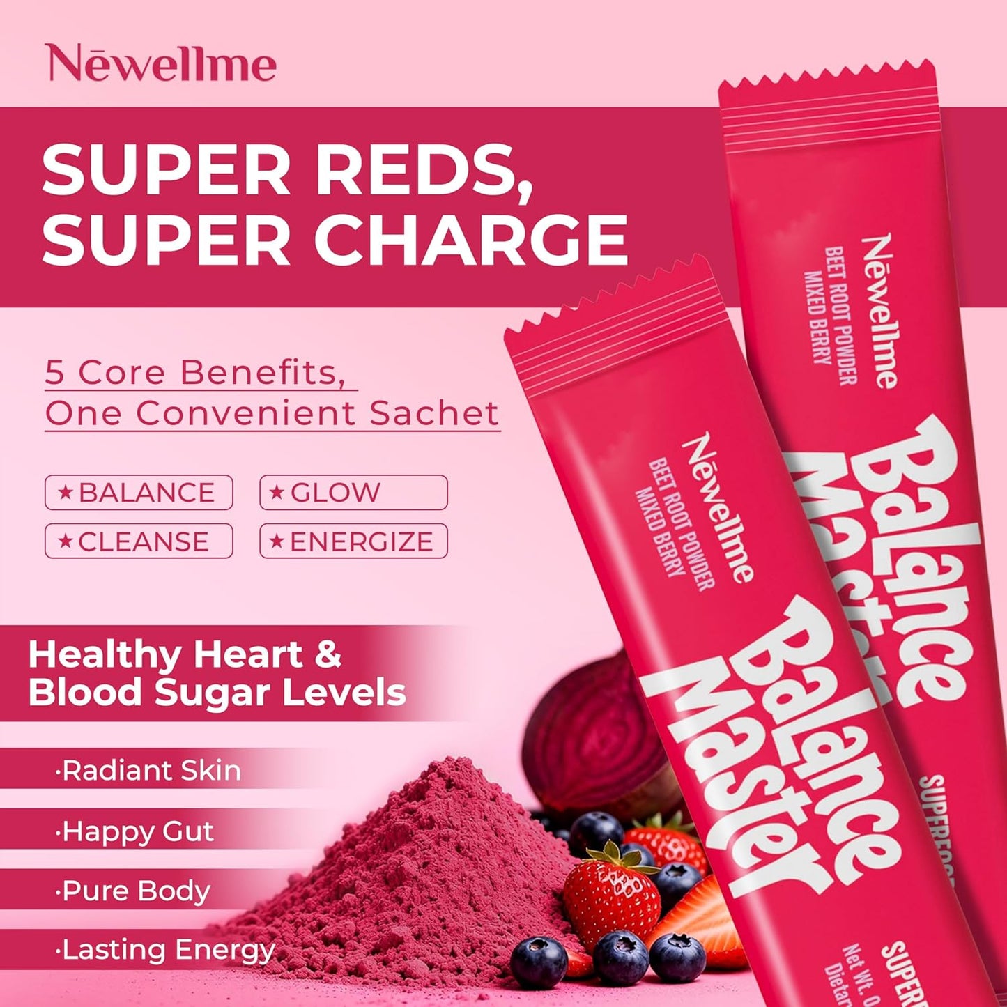 Newellme Balance Master Organic Raw Beet Root Powder - Superfood for Heart Health & Energy | 42 Sugar-Free Stick Packs