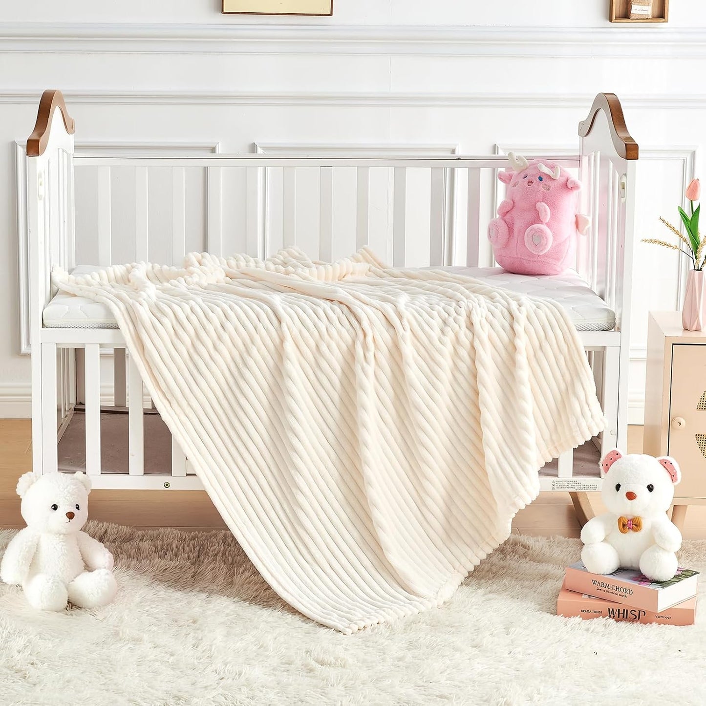 Skiennix Soft Fleece Baby Blanket - Ultra Cozy & Lightweight | Reversible Stripes, 30x40 Inch, Cream