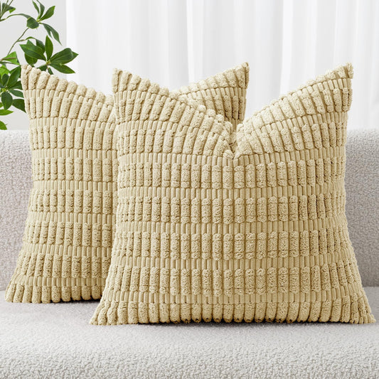 MIULEE Corduroy Decorative Throw Pillow Covers - Soft Boho Striped Design | 20x20 Inch Beige for Modern Farmhouse Decor