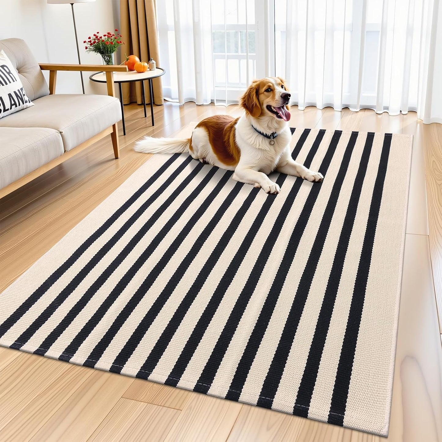 OLANLY Striped Rug - Washable Beige and Black Cotton Doormat | 4' x 6' for Indoor & Outdoor Use