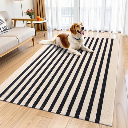 OLANLY Striped Rug - Washable Beige and Black Cotton Doormat | 4' x 6' for Indoor & Outdoor Use