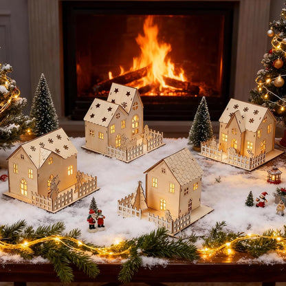 Qunclay Light Up Christmas Village Set - 4 Unfinished Wooden Houses for Holiday Crafts & Decorations