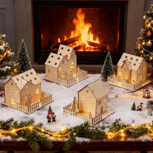 Qunclay Light Up Christmas Village Set - 4 Unfinished Wooden Houses for Holiday Crafts & Decorations