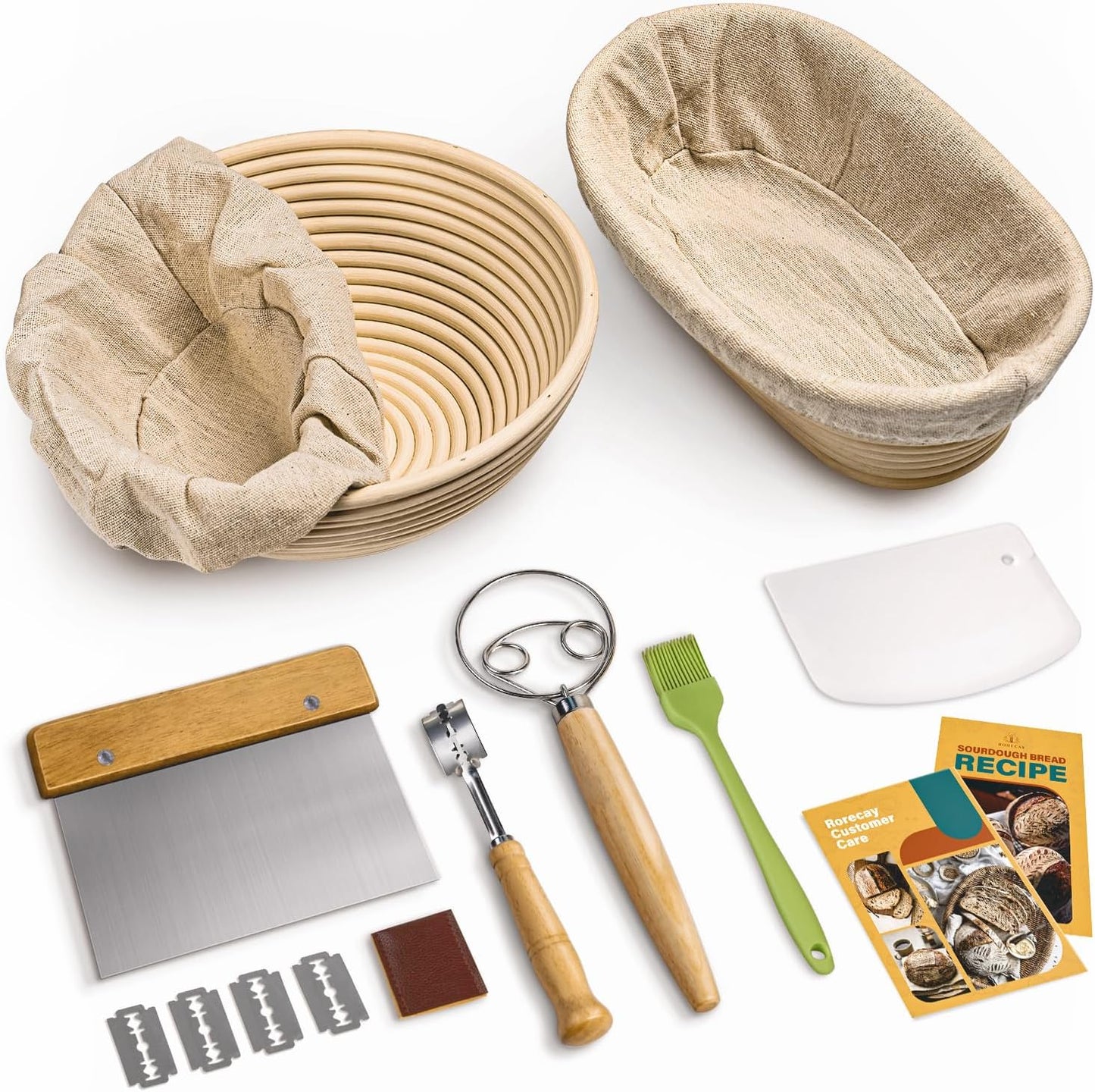 RORECAY Sourdough Bread Proofing Basket Set - 9" Round & 10" Oval Cane Baskets with Dough Tools