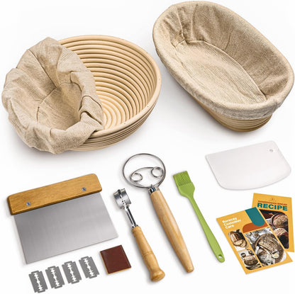 RORECAY Sourdough Bread Proofing Basket Set - 9" Round & 10" Oval Cane Baskets with Dough Tools