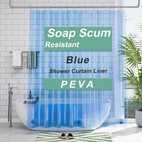 AmazerBath Shower Curtain Liner, 72x72 Transparent Blue Shower Liner, Lightweight Plastic Shower Curtain Liners, Cute Waterproof Shower Liner for Bathroom with 3 Magnets and 12 Grommet Holes