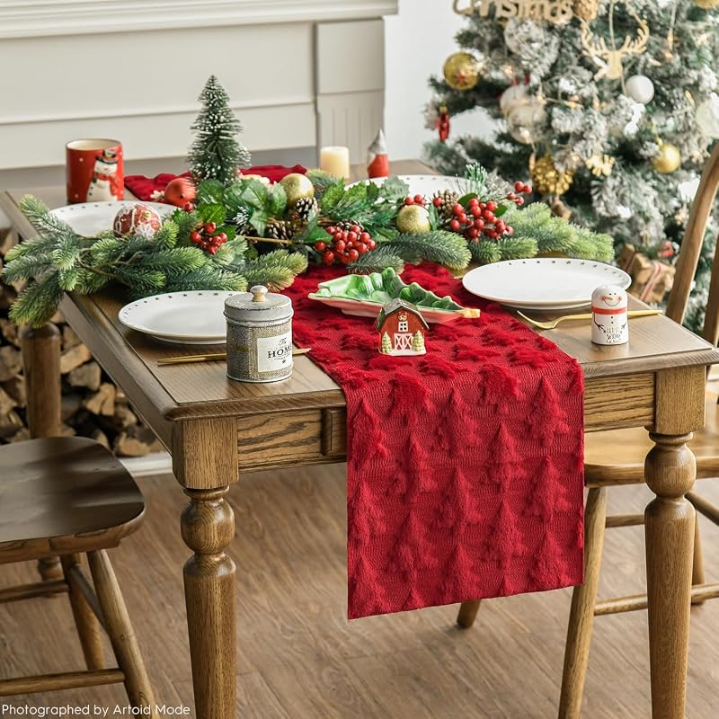 Artoid Mode Red Plush Christmas Table Runner 13x36 Inch — Faux Fur Jacquard Xmas Decor, Holiday Kitchen Dining