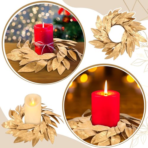 Domensi Gold Bay Leaf Candle Rings - 2 Pcs Rustic Candleholders for 3.9 Inch Pillar Candles | Christmas Decor