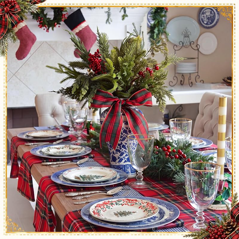 Blue and White Chinoiserie Vase with Plaid Ribbon Decor Set