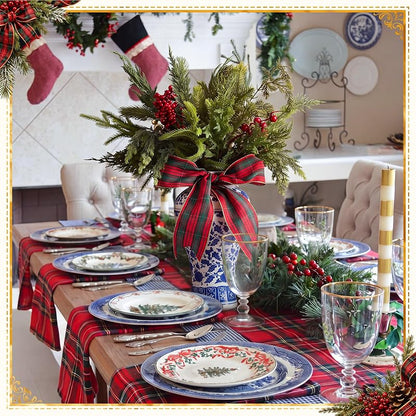 Blue and White Chinoiserie Vase with Plaid Ribbon Decor Set