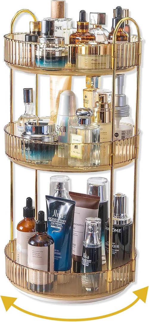 Asayuee 360° Rotating Makeup Organizer - Large Capacity Vanity Storage for Skincare & Perfume (Gold)