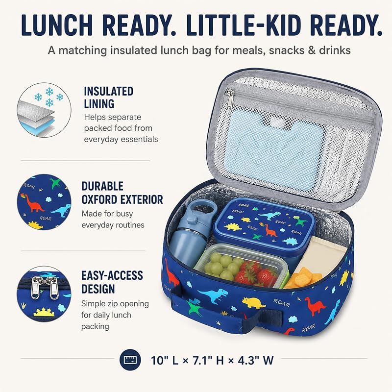 Camtop 12-Inch Toddler Backpack for Boys - Navy Dinosaur Lunch Bag Set