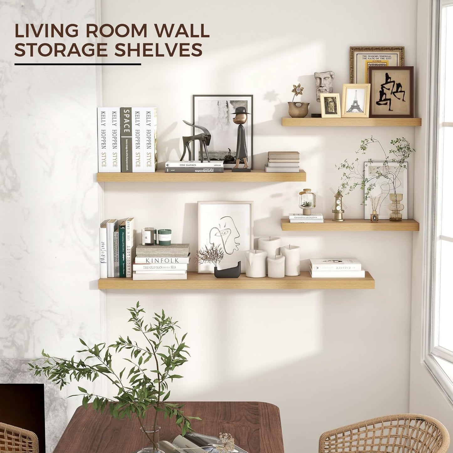 Venusmiles Floating Wall Shelves - 36 Inch Engineered Wood with Invisible Brackets | Oak Finish, Set of 2