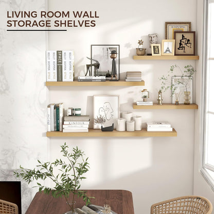 Venusmiles Floating Wall Shelves - 36 Inch Engineered Wood with Invisible Brackets | Oak Finish, Set of 2