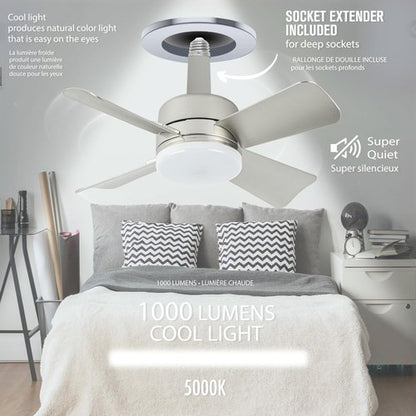 Bell+Howell Socket Breeze Cool Light Deluxe Silver – Ceiling Fans with LED Lights and Remote Control, Replacement for Lightbulb - Bedroom, Kitchen, Living Room,1000 Lumens / 5000 Kelvins