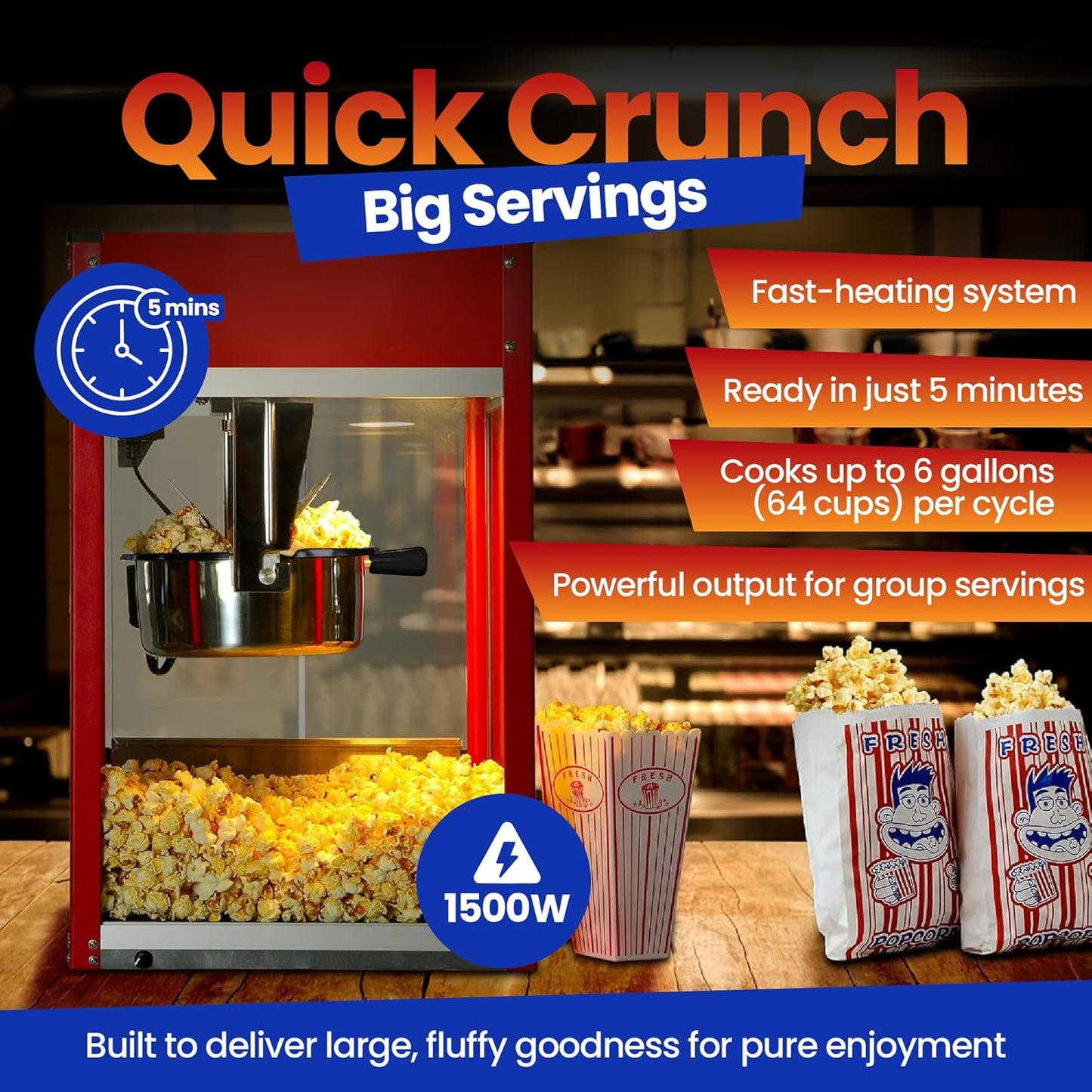 Popcorn Machine - Electric Popcorn Popper With Stainless Steel Kettle & Accessories | Theater Style | 1500W | Red, 8 oz (64 Cup Capacity)