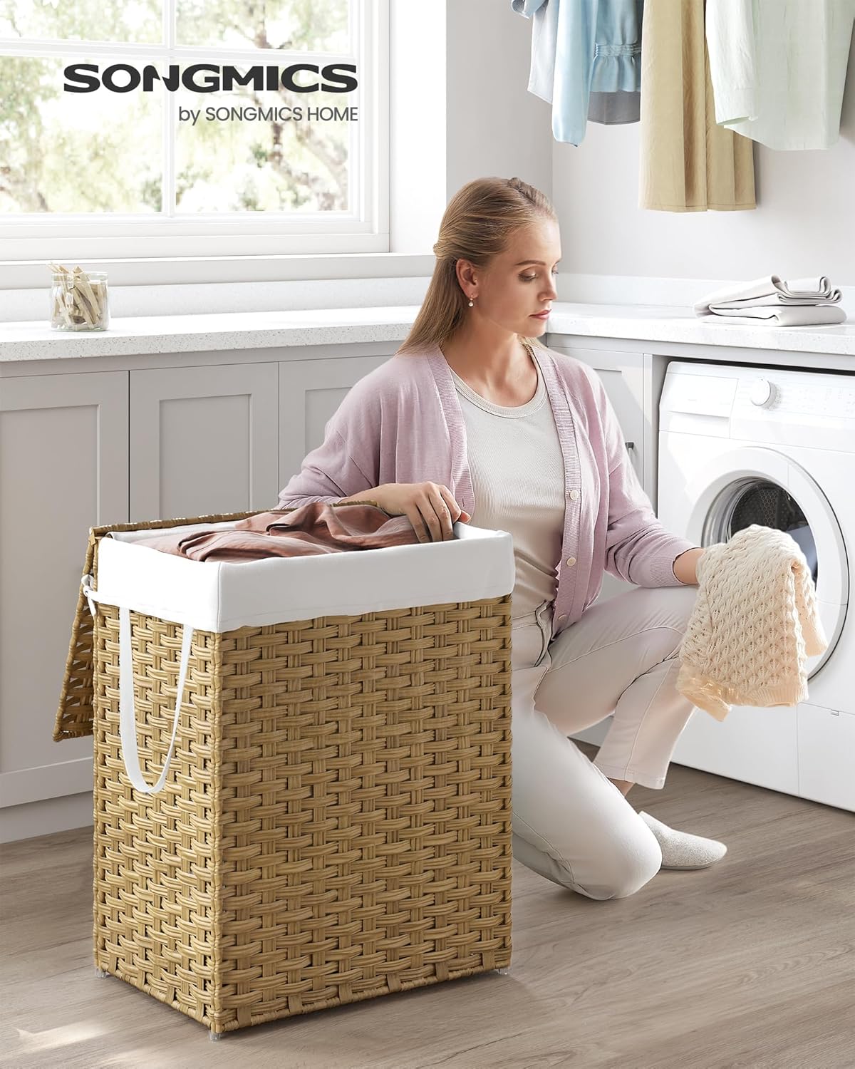 SONGMICS Laundry Hamper - 23.8 Gallon Synthetic Rattan Basket with Lid & Handles | Goose Yellow, Foldable