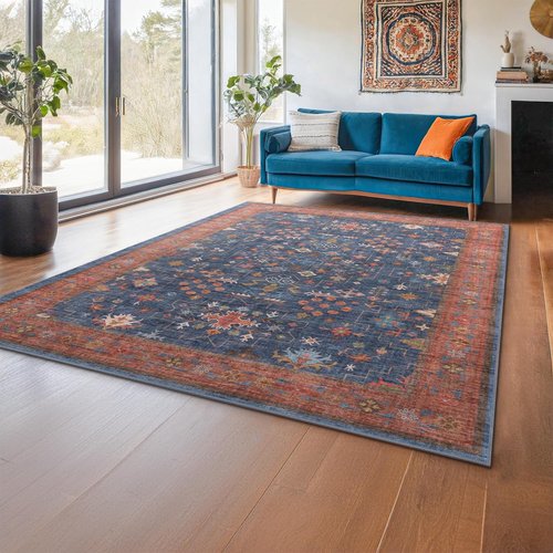 Hazo Haus Area Rug - Washable 7x9 Vintage Boho Dining Room Rug | Non-Slip Low Pile Design in Navy Blue