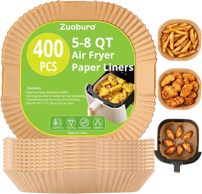Skiennix Air Fryer Paper Liners - 400 Pcs Unbleached Non-Stick Parchment | 8-Inch Square Size