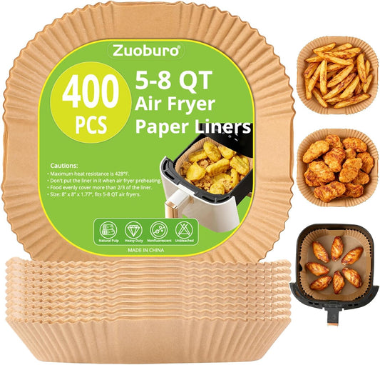 Skiennix Air Fryer Paper Liners - 400 Pcs Unbleached Non-Stick Parchment | 8-Inch Square Size